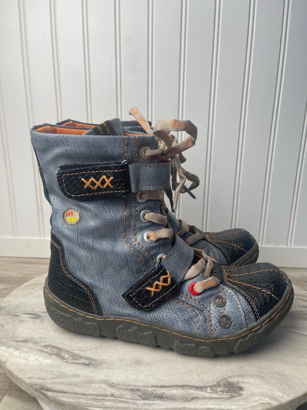 Boots US 8 Leather Ankle Blue Orange TMA EYES Hand-Stitched Washed Goblincore